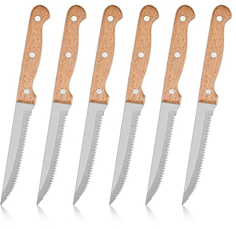 Herogo Steak Knives Set of 6, Stainless Steel Serrated Sharp Dinner Kitchen Steak Knife with Wooden Handle, for Home/Restaurant, Dishwasher Safe