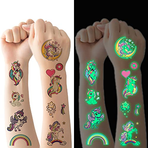 Tattoo Kinder, 10 Blätter Leuchtendes Einhorn Temporäre Tattoos Set, Leuchten im Dunkeln Wasserdichte Hautfreundliche Kindertattoos, Geburtstagsparty Dekoration Zubehör für Kindergeburtstag Mitgebsel