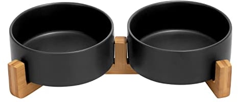 SPUNKYJUNKY Hundenapf Keramik Doppel Hund Futternapf mit Bambus Ständer für Katzen und Hunde (400ml, Schwarz)