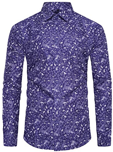 Dominic Stefano Men's Shirts Adult Luxury Style Paisley Floral Patterned Cotton Shirt Party Casual Fancy Floral Long Sleeves Hawaiian Dress Shite Shirts 503 (L, Navy)