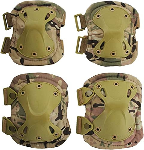Coderas y rodilleras tácticas multicam para airsoft ajustables con clip y tela de gancho a cualquier tamaño. Protecciones para deportes al aire libre, tácticas, militares, airsoft y paintball