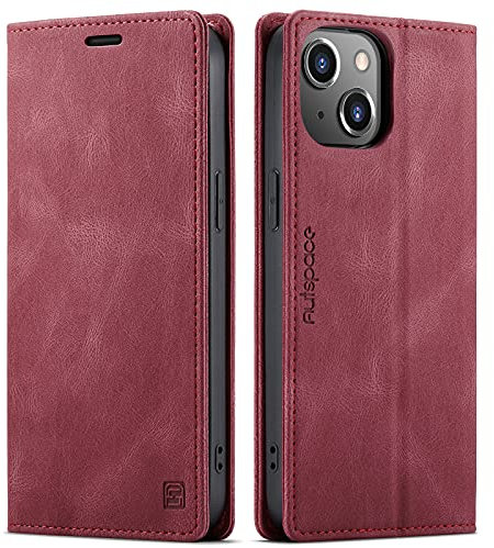 LOLFZ for iPhone 14 Wallet Case, Magnetic Flip Leather Case with RFID Block Card Slots Kickstand Shockproof Protective Cover Compatible with iPhone 14 - Red
