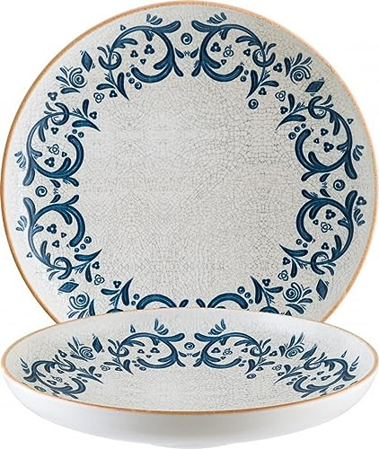 Bonna Viento Hygge Mediterraneo, 6 piatti fondi, piatti da insalata, piatti profondi, 28 cm, 160 cl, rotondi, bianco, blu, marrone, porcellana, 6 pezzi