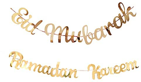 Syfunlv 2 Stück Islam Party Banner,Ramadan Kareem Banner,goldene Eid Mubarak Und Ramadan Kareem Buchstaben, Banner Happy Eid Wimpelkette Girlande Für Lesser Bairam