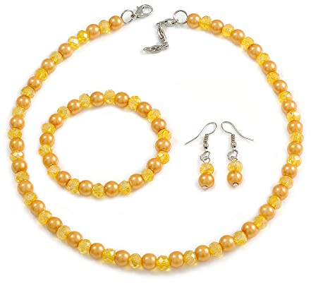 Avalaya 8mm/Lemon Yellow Glass Bead and Beer Yellow Faux Pearl Necklace/Flex Bracelet/Drop Earrings Set - 43cm L/4cm Ext