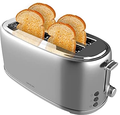 Cecotec Tostadora 4 Rebanadas Toast&Taste 1600 Retro Double Inox. 1630 W, 2 Ranuras Anchas de 3,8 cm y Largas, Acero Inoxidable, Varillas Superiores, Potencia Regulable, Bandeja recogemigas
