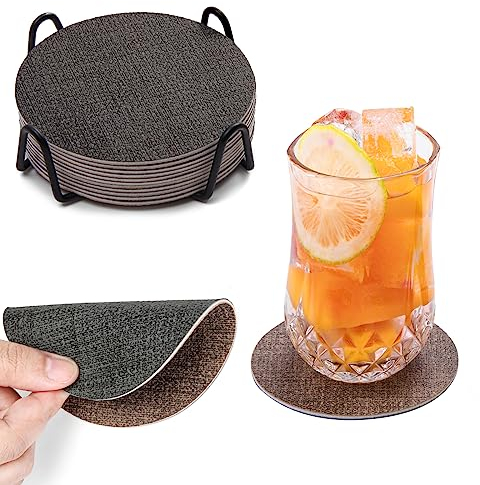 Chitomars Untersetzer Gläser 12er Set, Doppelseitigen Leder Untersetzer Rund rutschfest Glasuntersetzer Abwaschbare Getränkeuntersetzer Kunstleder Glas Untersetzer-Set (Grau Braun, Rund)