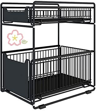 HUOLE Rangements sous Evier 2 Niveaux Organisateur Coulissant avec 2 Tiroirs, Panier Coulissan pour Cuisine, Garde-Manger, Chambre, Porte-épices-37,4 * 26,5 * 44 cm-Noir (1 pièce)