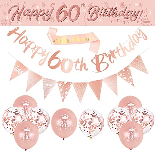 DEARLIVES 14 Pieces 60th Happy Birthday Decorations,Rose Gold Party Supplies Including Banners Straps Triangle Flag Bunting Confetti Latex Balloons (60th Birthday)