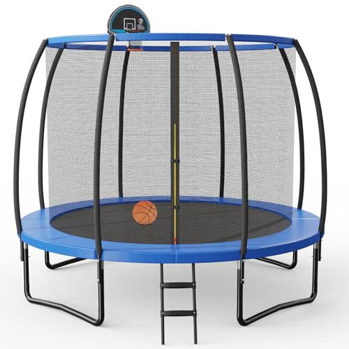 GYMAX Ø244/305 cm Trampolin mit Basketballkorb & Leiter, Gartentrampolin mit Sicherheitsnetz & Randabdeckung, Kindertrampolin GS Zertifiziert, Outdoor Trampolin für Kinder & Erwachsene (Ø305 cm)