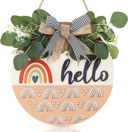 3D Hello Sign for Front Door, Boho Rainbow Classroom Decor Wooden Hanging Door Wreath Sign Front Porch Decor Welcome Sign Rainbow Wall Art for Bedroom Farmhouse Housewarming Gift 12''x 12''