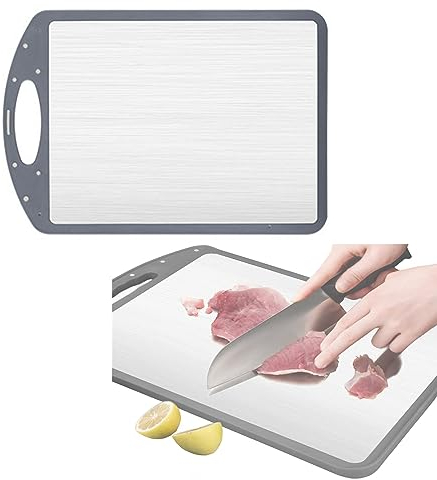 QUHUOYAO Tablas de cortar para cocina, tabla de cortar de doble cara, tabla de cortar de acero inoxidable para cocina con mango de fácil agarre, 10 x 15 pulgadas, fácil de limpiar