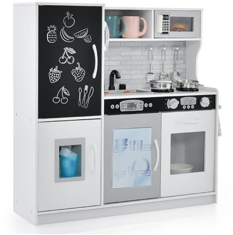 GOPLUS Kinderküche aus Holz, Kinderspielküche mit Mikrowellen, Backofen, Wasserbecken, Kreidetafel & Eismaschine, Stabiler Spielküche mit Spielzubehör, für Kinder 3-6 Jahre (Weiß)