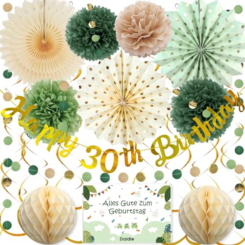 Daidle 30 Geburtstag deko- Premium Wiederverwendbare Party Deko, 30.Geburtstagsdeko Frauen, Geburtstagsdeko- Happy Birthday Girlande, Wimpelkette, Wabenbälle, Pompons, Sage Grün