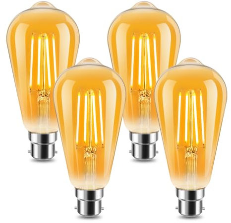 ILEEDear Vintage Edison Light Bulb B22 Edison Screw Bulb ST64, 4W Equivalent to 42W, Retro Amber Glass Screw Lamp, Warm White 2200K, Energy Saving Light Bulbs, Non-dimmable, Pack of 4