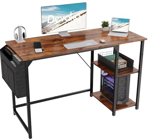 Devoko 120cm Computer Desk with Storage Shelves, Study Writing Desk Small Desks for Small Spaces, Home Office desk, Laptop Table for Home Workstations, Side Pocket Storage Bag, Rustic Brown