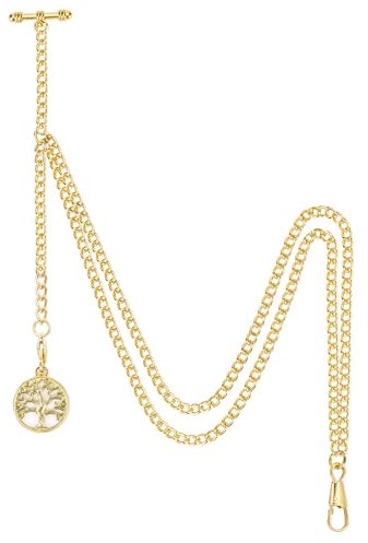 SIBOSUN Pocket Watch with Albert Chain for Men, T-bar Chains with Life Tree Pendant, Curb Link 2 Hook Antique Gold