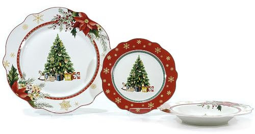Elegante Servizio di Piatti Natalizi da 18 Pezzi in Porcellana rosso Perfetto per le Festività - Design Ondulato