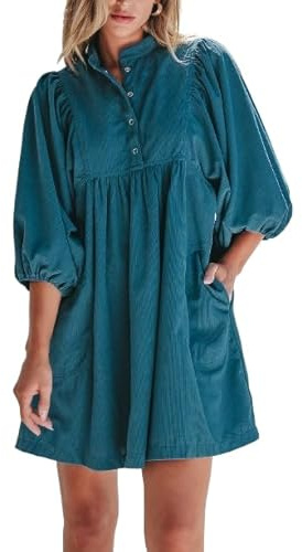 Opemiby Womens Casual Dresses Corduroy Button Up Empire Waist 3/4 Sleeve Fall Winter Mini Babydoll Dress Blue S