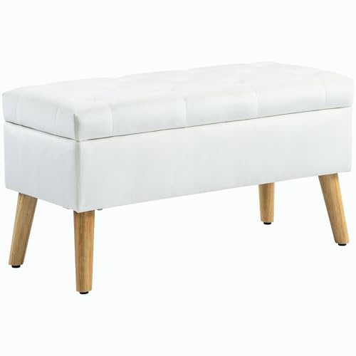 HOMCOM Banco con Espacio de Almacenamiento, Banco tapizado con Tapa, Banco de Cama con Aspecto Aterciopelado, para Pasillo Dormitorio salón, Madera de Caucho 80 x 35 x 40 cm Blanco