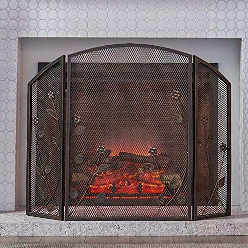 Funkenschutzgitter für Kamin, 3 Paneele, Schmiedeeisen, Outdoor-Metalldekor für Feuerstelle, sicherer Kamingitter (rotes Kupfer)