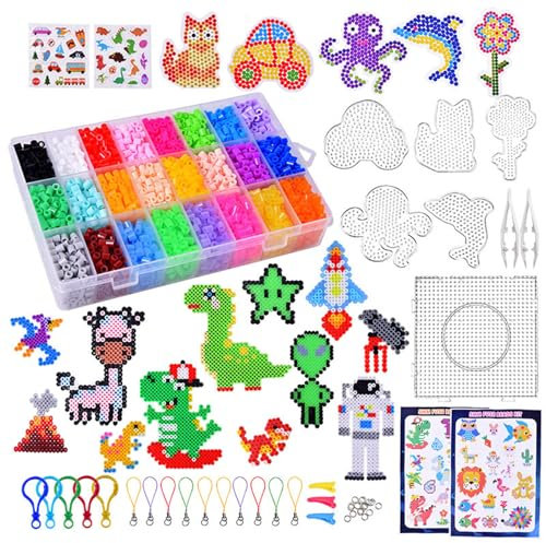 Bügelperlen Set, 7300 Bügelperlen 5 MM Perlen mit 6 Platten, 68 Muster, Bügelpapier, Steckperlen Set für Geburtstag Weihnachten Geschenk Kinder DIY