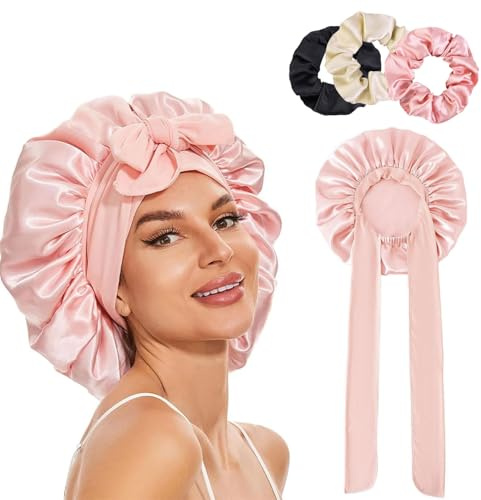 ERBO Seidenhaube zum Schlafen, Silk Bonnet mit 3 Haargummis, Verstellbare Schlafhaube Seide, Bonnet Sleep Cap, Satin Haarhaube Damen, Seidenhaube zum Schlafen Lange Haare Locken