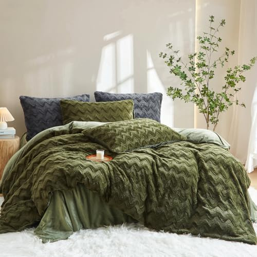 Sacebeleu Plüsch Bettwäsche 200x200 Grün Kunstfell Flauschig Winterbettwäsche Warme Kuschelig Flanell Fleece Wellenmuster Biber Bettbezug mit Reißverschluss und 2 Kissenbezug 80x80cm