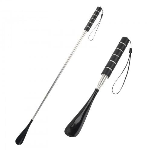 Wisebom 2 Pièces Chausse Pied Long Telescopique, Noir Chausse Pied Metal 30-71cm Chausse-pied Rétractable Chausse-pied Extensible avec Poignée Antidérapante et Cordon pour Femmes Hommes Seniors