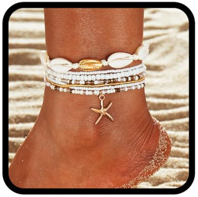 Handcess Bracelet de cheville bohème en perles et coquillages dorés en forme d'étoile de mer pour femme, taille unique, Perles, coquillage, étoile de mer, Pas de gemme
