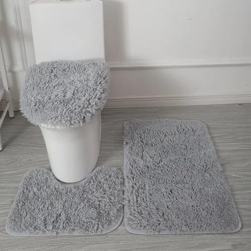 Générique Badezimmerteppich, 3-teilig, ultraweiche Mikrofaser, rutschfest, saugfähig, maschinenwaschbar, WC-Vorleger und WC-Deckelbezug (Hellgrau)