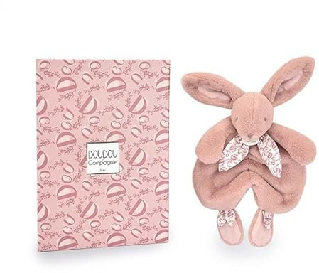 DOUDOU ET COMPAGNIE - Lapin Doudou Rose – Peluche Ultra Douce avec Foulard Fleuri – Doudou Plat Bébé Fille dès la Naissance – Garantie Doudou Perdu – Idée Cadeau - DC4146
