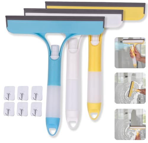 3 Pcs Squeegee for Shower Glass, 3 in 1 Window Scrubber, Spray, Sponge Wipe, Silicone Squeegee, for Car Window, Mirror, Tile Walls, with 6 Wall Hooks, Easy to Clean Kit, Yellow, Blue, White