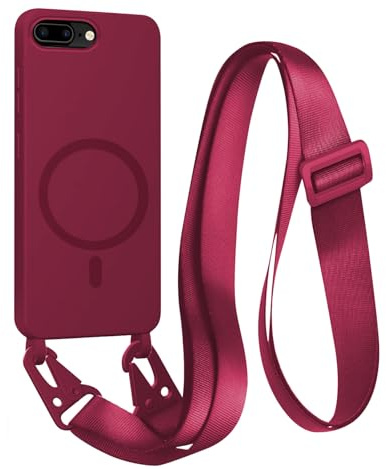 FMPCUON Magnétique Coque avec Cordon pour iPhone 6/7/8 Plus, [Compatible avec MagSafe] TPU Bumper Silicone Etui Housse avec Cordon Réglable Lanyard Case,Rouge