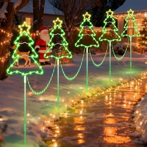MaxEarn 5 Stück Weihnachtsbaum Lichterketten Außen, 250 LED Leuchtstäbe | 2-in-1 Leuchtstäbe & Hängedeko, 8 Modi mit Timer, IP44 Wasserdicht, Gartenstecker mit 5 m Kabel für Garten, Weg & Balkon