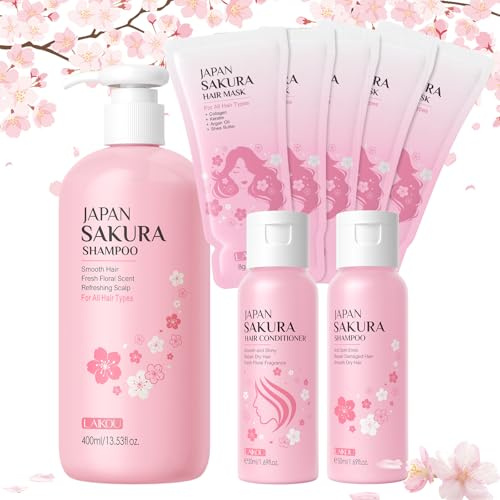 LAIKOU Sakura Feuchtigkeitsshampoo Damen, 4-teilig Feuchtigkeitsspendende Haarpflege Set, Hair Nourishing Kit für Trockenes, Kaputtes, Locken, Lockiges, Dauerwellen Haar Reparatur Haarausfall