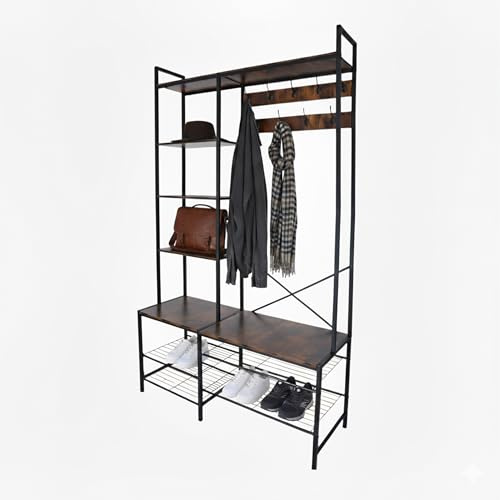 Relaxdays coat rack, 4 shoe shelves, 9 double hooks, 5 hat racks, HWD 190 x 120 x 40 cm, black/brown