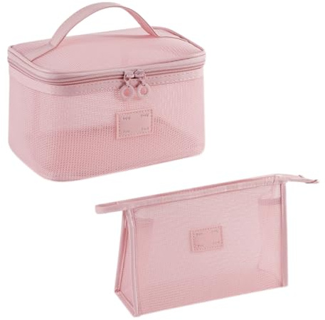 LUFFLOK 2 Pack Clear Toiletry Bag, Portable Makeup Bag Mesh Cosmetic Bags with Handle and Zipper, Travel Storage Accessories Make up Bag for Women and Girls, Travel School Outing Shower Washbag (Pink)