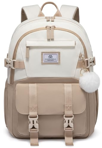 LOVEVOOK Schulrucksack Teenager Mädchen 10-18 Jahre mit Großem Flaschenfach | Rucksack Damen Multi-Tasche Schulranzen Schultasche, Wasserdicht School Bag 17,3 Zoll Laptop für Schule Uni, Khaki Beige