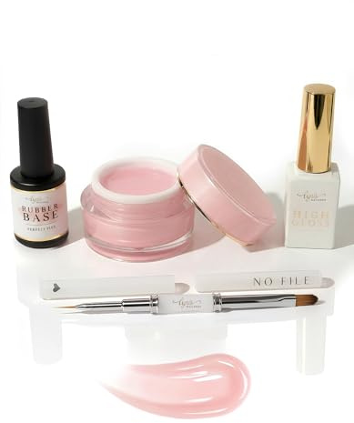 No File Aufbaugel Set für Gelnägel BLOSSOM 15ml für Profis & Anfänger als UV Gel SELBSTGLÄTTEND OHNE FEILEN, inkl. No File Pinsel, Rubber Base & High Gloss, Lynis-Nailshop.de