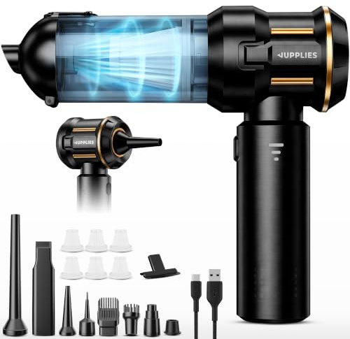 JUPPLIES Aspirador de Mano Inalámbrico Potente, 25000 PA, 3 Intensidades | 4 en 1: Succión, Soplado, Inflado, Vacío | 9 Accesorios, Motor Sin Escobillas | Mini Aspiradora Hogar Coche (Negro 6 filtros)