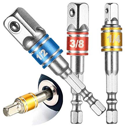 Power Hand Tools Impact Grade Driver Sockets Adapter Extension Set(1/4 3/8 1/2, Cr-V, 3-Pcs),1/4-Inch Hex Shank to Drive for Adapters to Use with Drill Chucks,Universal Socket Wrench Adapter Set