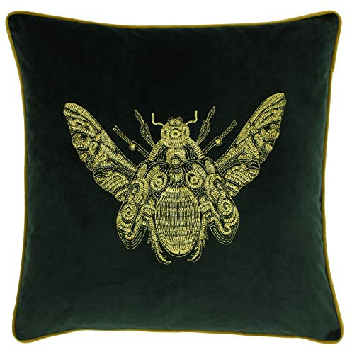 Riva Paoletti Cerana Cushion Cover - Emerald Green - Super Soft Velvet Fabric - Embroidered Gold Bee Design - Gold Piped Edges - 100% Polyester - 50 x 50cm (20 x 20 inches)