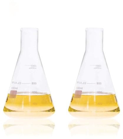 ULAB juego de petacas de vidrio de boca estrecha para Erlenmeyer, 34 oz, 1000 ml, 3.3 borosilicato con graduación impresa, paquete de 2, UEF1027