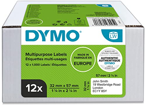 DYMO Original LabelWriter Mehrzwecketiketten | 32 mm x 57 mm | 12 Rollen mit je 1.000 leicht ablösbaren Etiketten (12.000 Etiketten) | selbstklebende Etiketten| für LabelWriter-Beschriftungsgerät