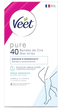 Veet PURE - 40 Bandes de Cire Froide Corps et Jambes - Peaux Sensibles - Recommandés par les Dermatologues - Epilation Longue Durée