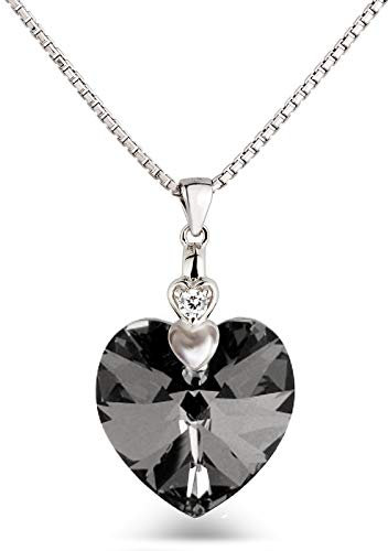 Schöner-SD Damen Kette Herz 925 Silber Marken-Kristall Herzanhänger Anthrazit Grau