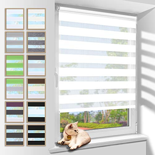 Zarnan Doppelrollo Klemmfix ohne Bohren Weiß 100x140cm(Stoffbreite 96cm) Duo Rollo Blickdicht Zebrarollo Rollos für Fenster ohne Bohren für Wohnzimmer Küche Büro lichtdurchlässig und verdunkelnd