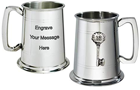 Wentworth Pewter Sheffield England Est 1946 Wentworth Pewter 18th key Badge Pewter Tankard - Regalo de cumpleaños número 18 GRABADO GRATIS, en caja, NUEVO
