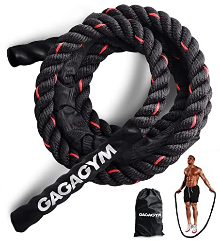 GAGAGYM Gewichtetes Springseil für Fitness – 3 m schweres Kampfseil mit Edelstahl für Training, 1,3 kg mit Synthetikgriff in Schwarz